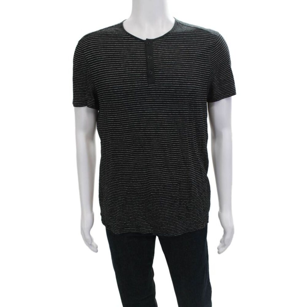 John Varvatos Mens Black Striped Linen Viscose Short Sleeve T-Shirt Size M